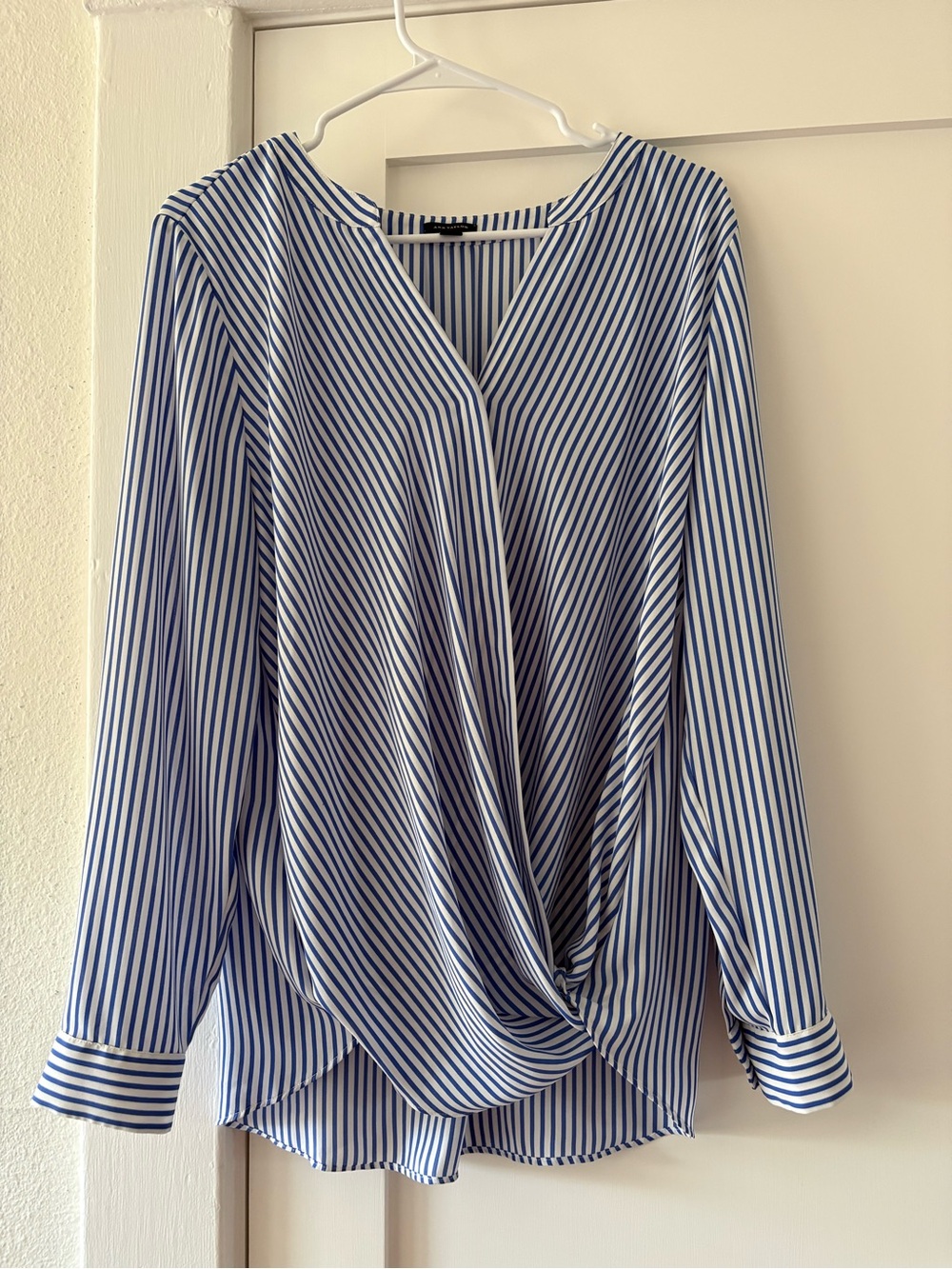 Ann Taylor Blue & White Striped Draped Twist-Front Blouse
